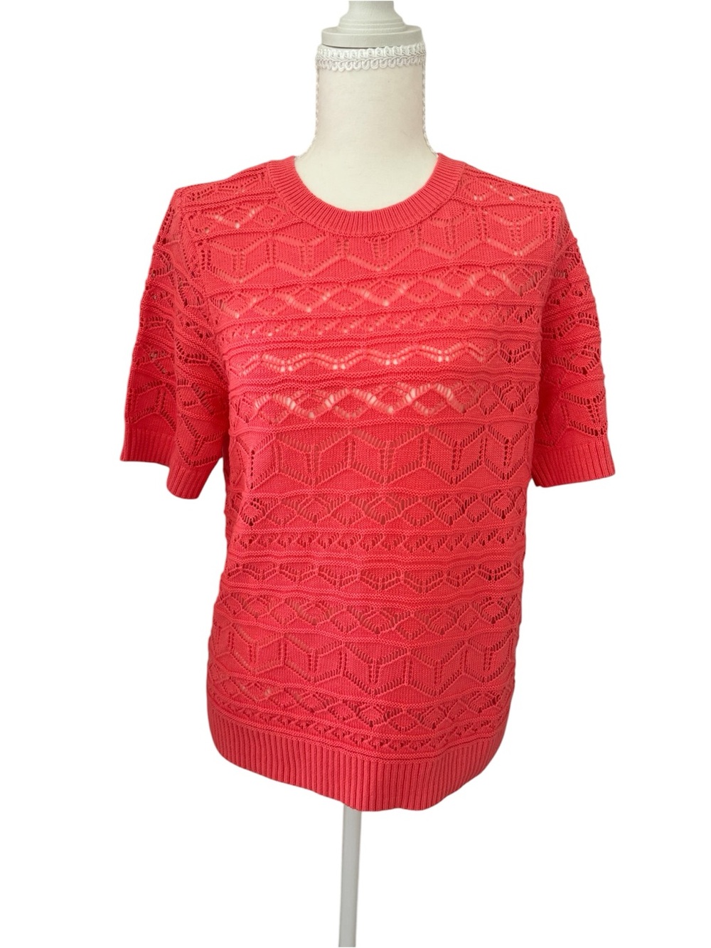 NWT Style & Co. Coral Open Knit Crochet Textured Short Sleeve Sweater Top Small